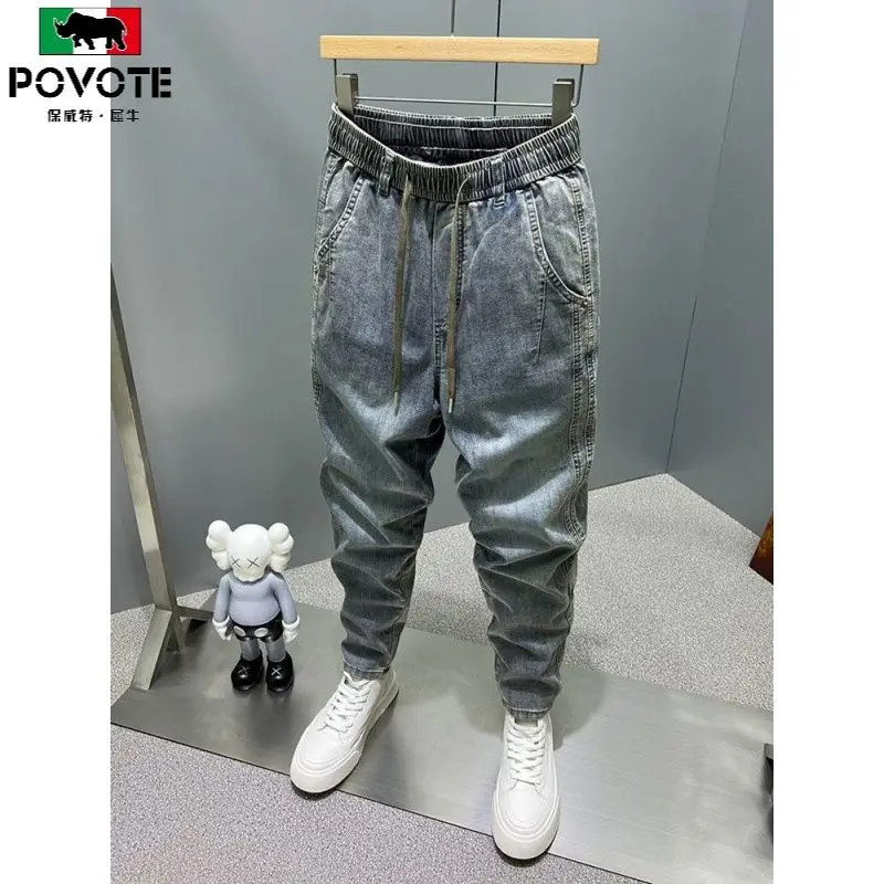 Casual Vintage Men's Fashion Drawstring Jeans with Thickened Fleece and Loose Harem Pants for Autumn and Winter Cargo Trousers 3