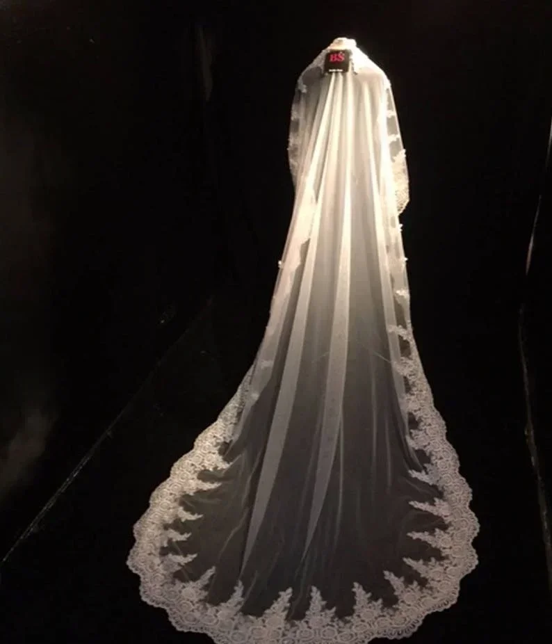1 Tier Wedding Veil With Comb Full Lace Edge Scalloped Floral Mantilla 300cm bridal veil