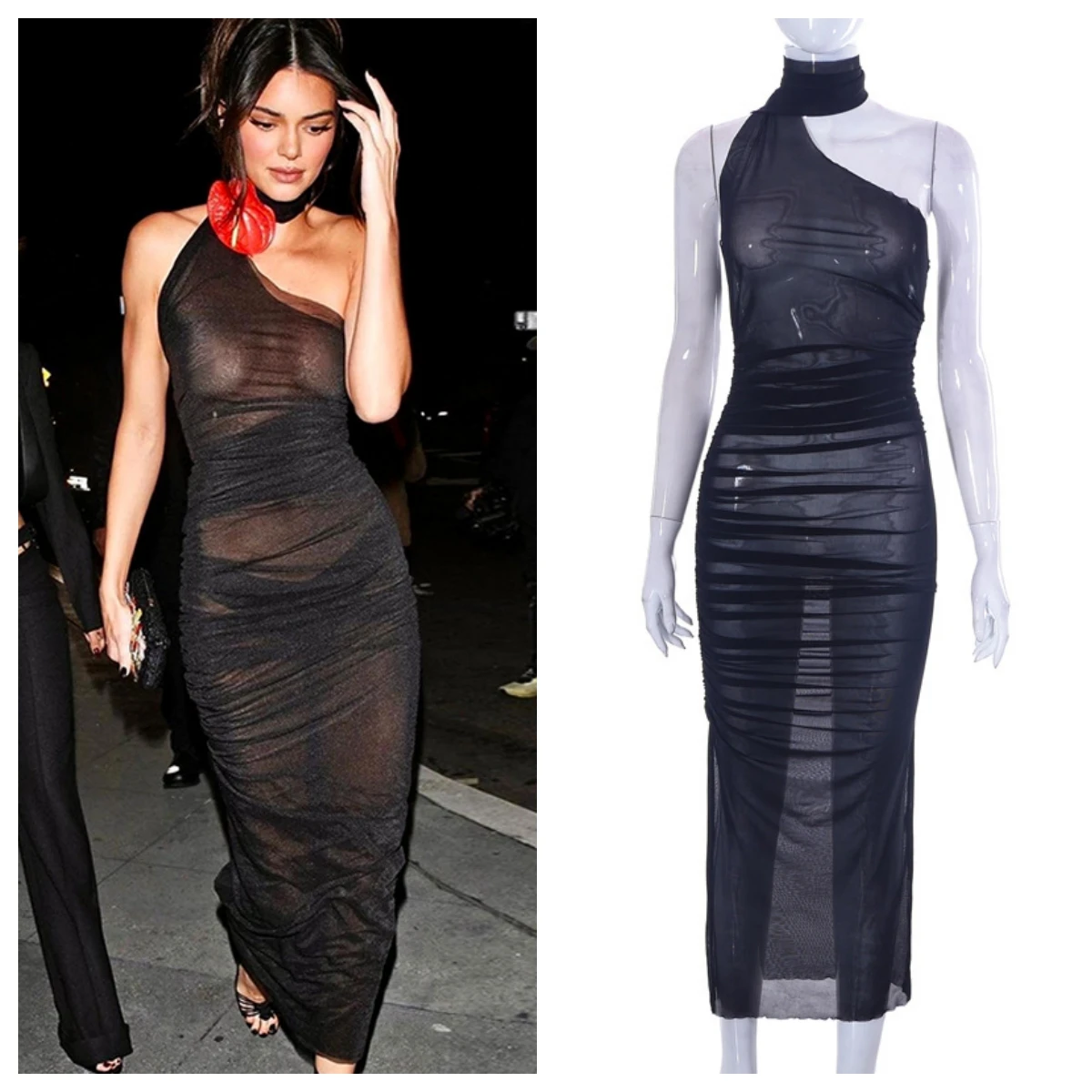 

Black Mesh Maxi Mesh See Through Y2K Dress Halter Neck Backless Ruched Bodycon Dress Women Sexy Long Club Party Dress