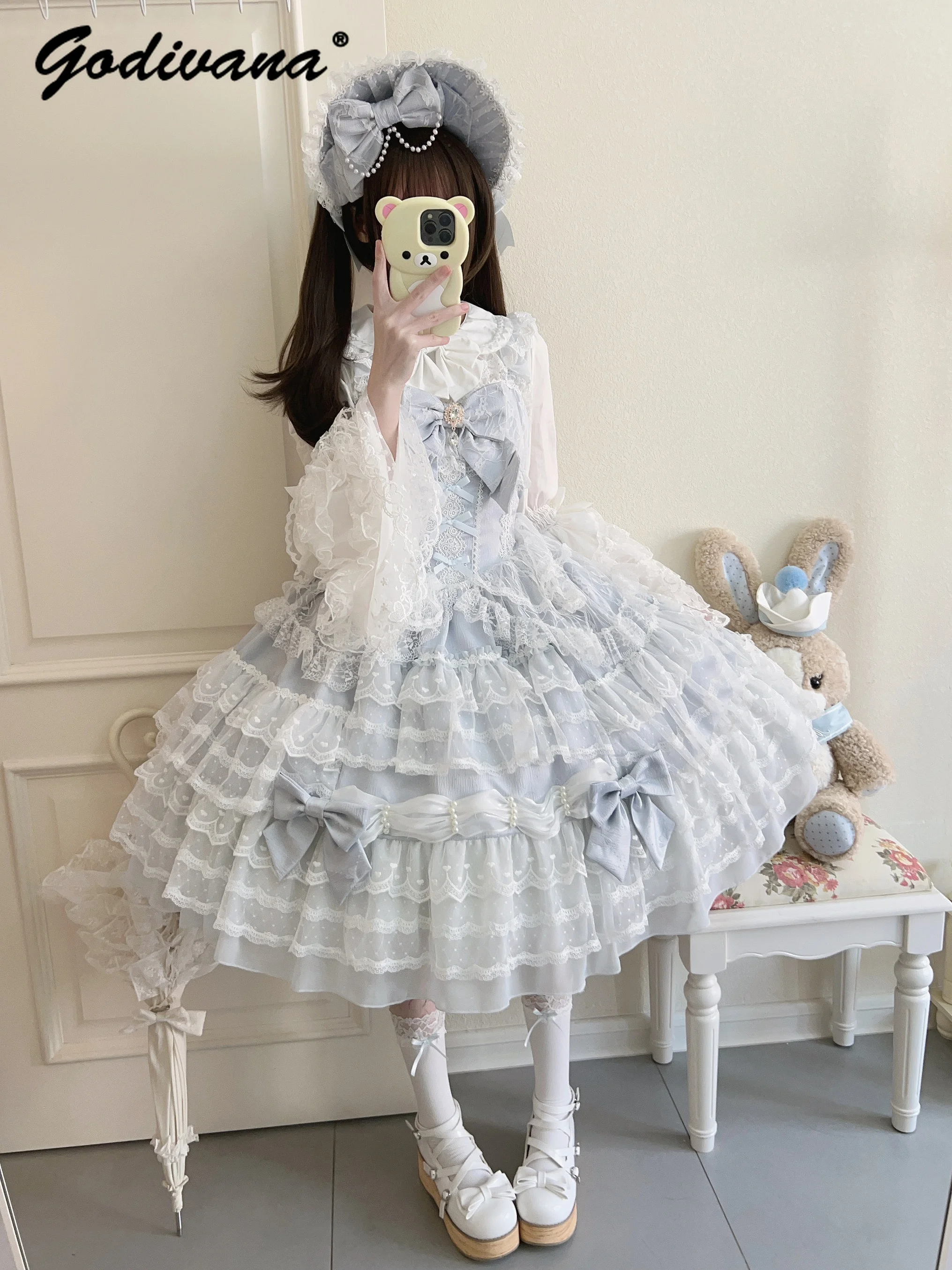 Original Design Lolita Sweet Dress Set Girl Women's Cute Lace Flare Sleeve Inner Shirt Fairy Lace Bow Jsk Suspender Cake Dress 6