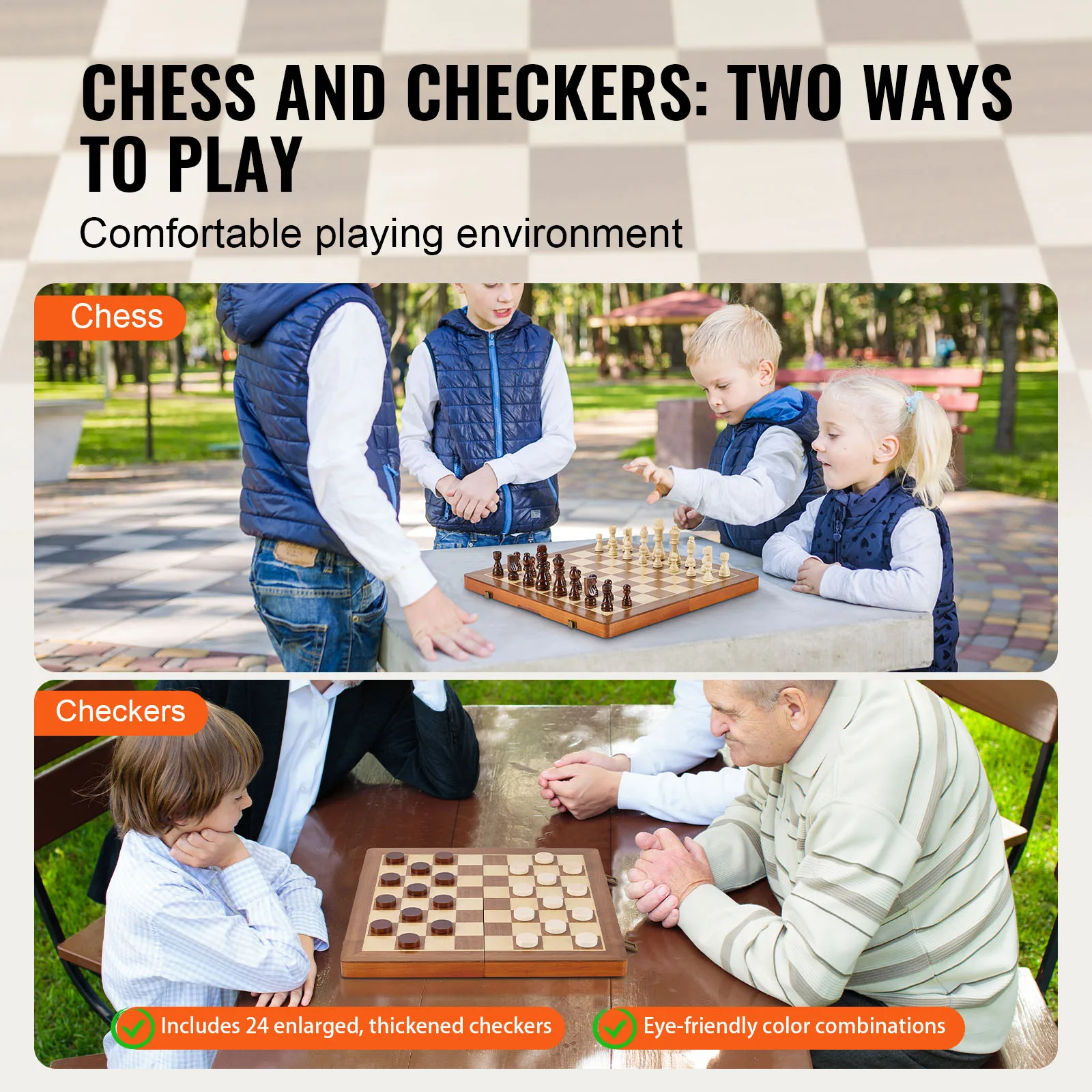 VEVOR 15inch Magnetic Wooden Chess Set 2-IN-1 Chess Checkers Game Set Folding Chess Board Games for Adults Kids 2 Queens Port 6