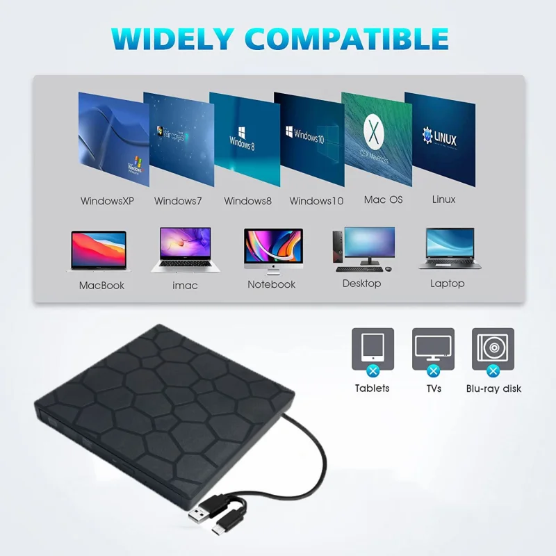 8-in-1 USB 3.0 Type-c External DVD RW CD Drive Burner Reader Player Optical Drive External For PC Laptop Desktop Extension Dock