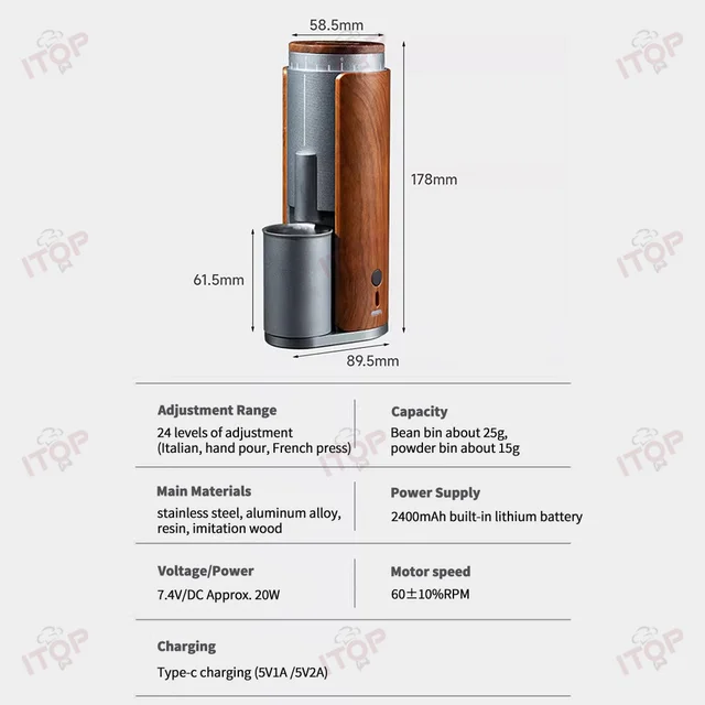 ITOP JSMD-02 Portable Rechargeable Coffee Grinder 2400mAh Battery Type-c Charging 38mm 6-core Conical Stainless Steel Burr 2