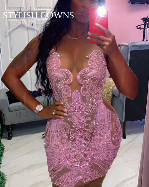 Pink Sheer O Neck Short Cocktail Birthday Dresses African Black Girl Beads  Crystals Mermaid Mini Party Prom Gowns 2023