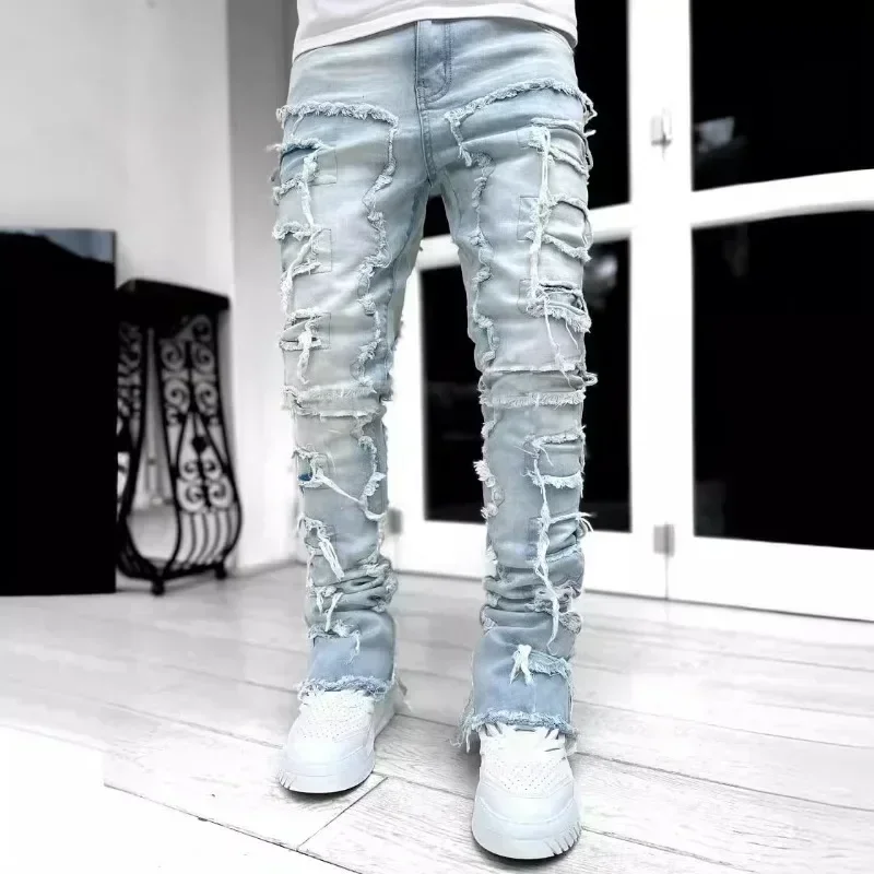 Men's Regular Fit Stacked Jeans Ripped Slim Fit Patch Distressed Destroyed Straight Denim Pants Hip Hop Streetwear Trouser Cloth