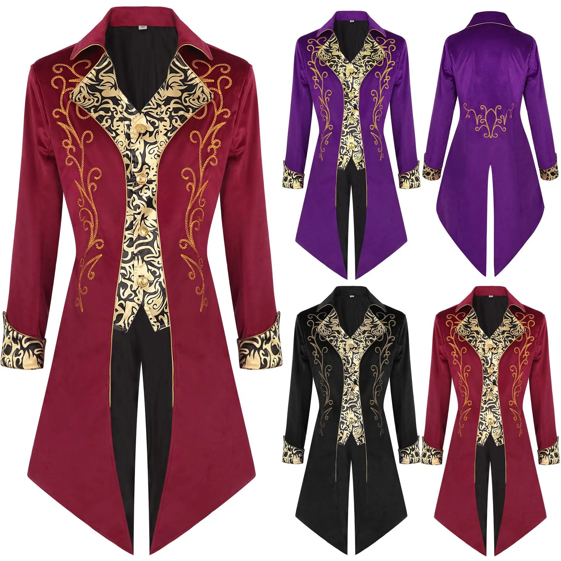 

Red Jacquard Steampunk Gothic Victorian Jacket Men Vintage Tailcoat Medieval Renaissance Frock Coat Uniform Halloween Costume