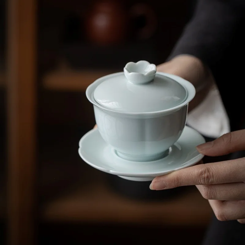 Lotus Green Porcelain Gaiwan Set Large White Celadon Tea Bowl Kung Fu Tea Set Traditional Cup and Saucer 150ml