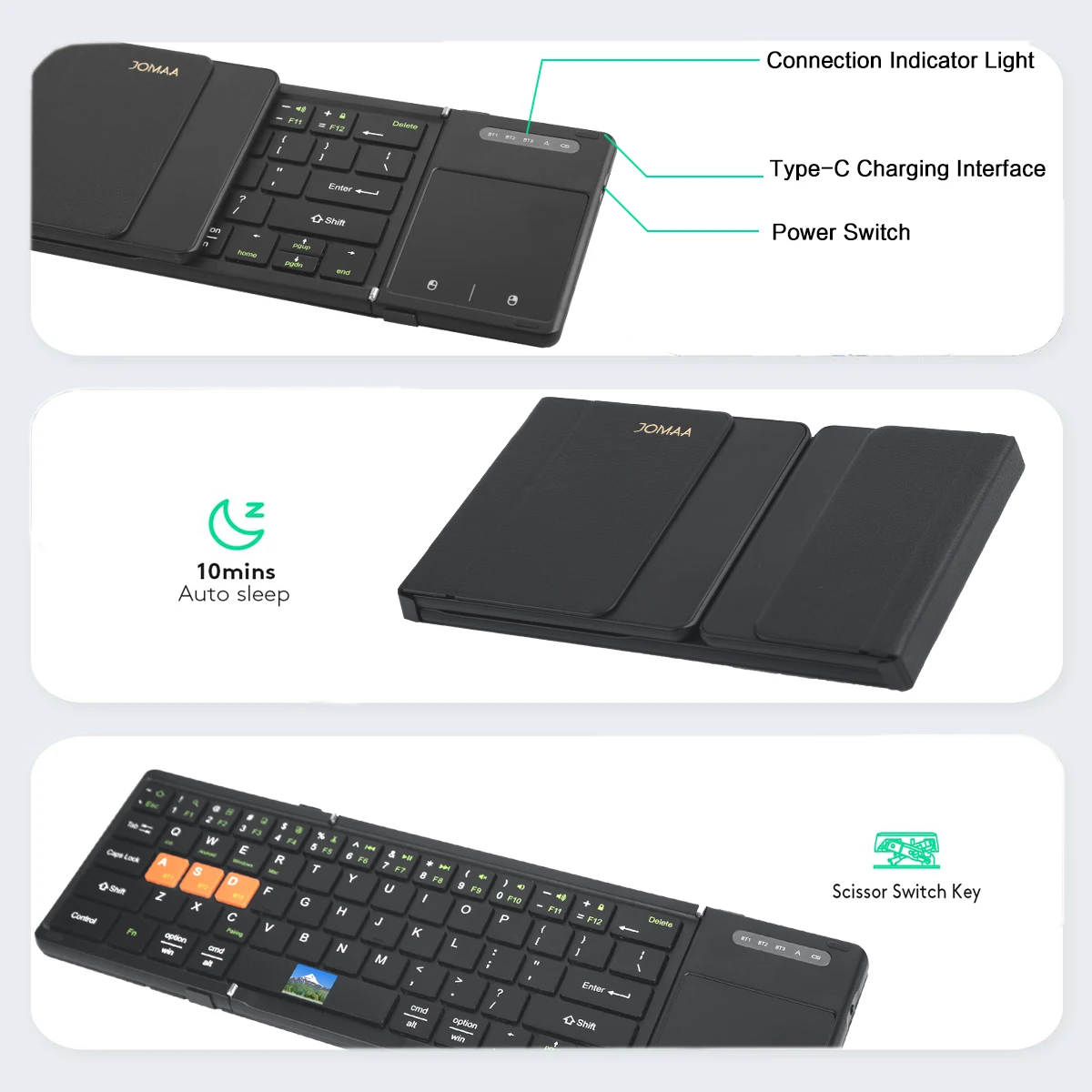 터치패드가 포함된 Jomaa Bluetooth 접이식 키보드 여행용 충전식 삼중 접이식 무선 키보드 포켓 크기