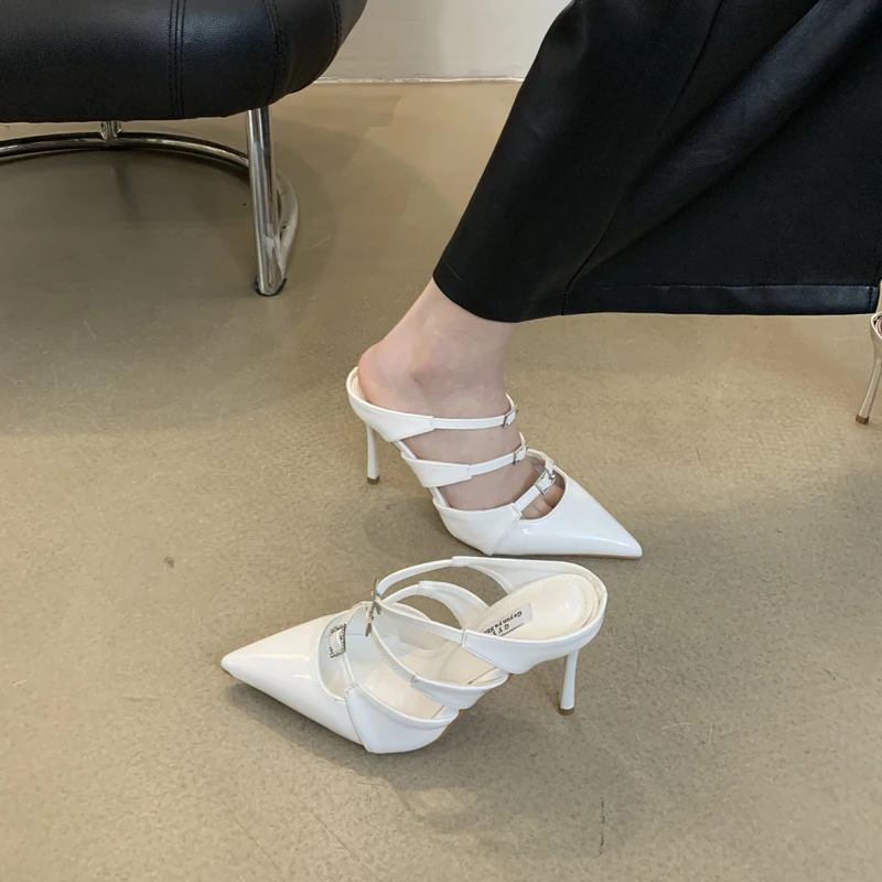 

Silver Higt Heels Slippers Women Rhinestone Belt Buckle Summer Shoes Ladies Heel Shoes New Arrival Casual Close Toe Slippers