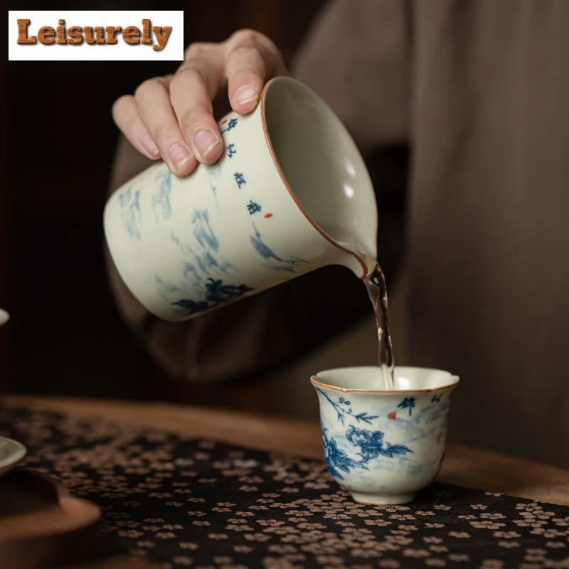 200ml Antique Ru Kiln Ceramic Fair Cup Cicada Wing Opening Golden Wire Tea Pitcher Flower Bird Justice Cup Tea Divider Teaset