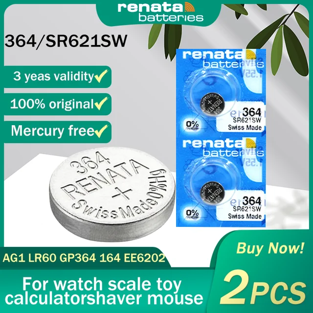 2PCS 100% Renata 364 SR621SW AG1 LR60 GP364 164 EE620 1.55V Silver Oxide Watch  Battery For Scale Toy Swiss Made Button Coin Cell - AliExpress