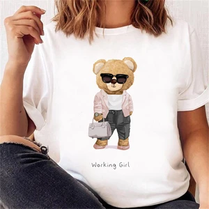 Повседневная Милая трендовая стильная женская футболка с коротким рукавом и принтом медведя, футболка с рисунком, топ, модная одежда с принтом на лето и весну