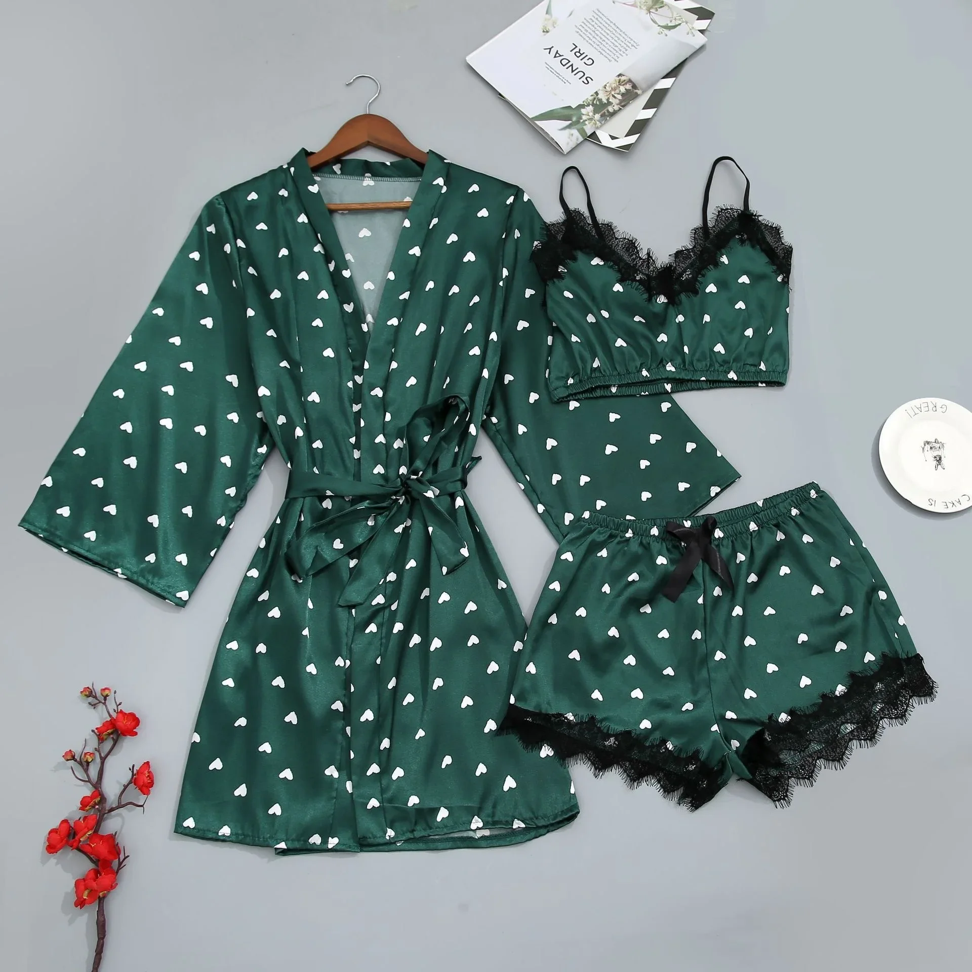 Women Pajamas Set 3Pcs/2Pcs Satin Ice Silk Heart Print Lace Sleeping Skirt Seamless Homewear Pajama Shorts Set Sleepwear women pajamas set,women pajama suit