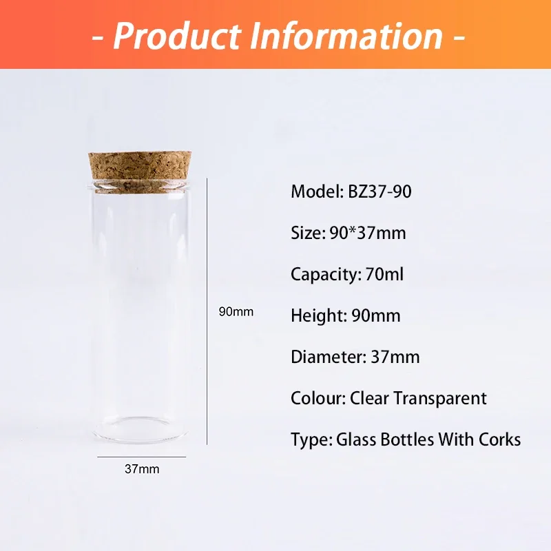 12 Pcs/lot Glass Bottle 90*37mm 70ml Small Stopper Test Tube Storage Spice Bottle Containers Glass jars Vials Cork