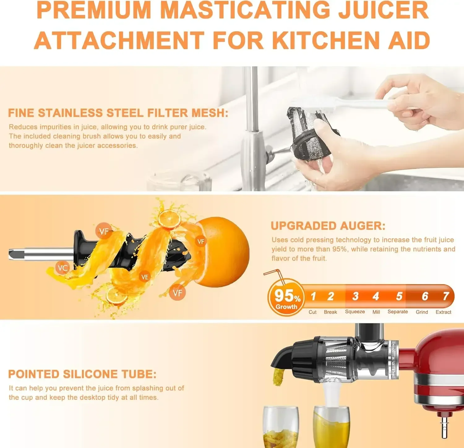 Slicer Masticating Juicer Attachment Slow Juicer Attachment with Silicone Tube and Cleaning Brush For all KitchenAid Stand Mixe