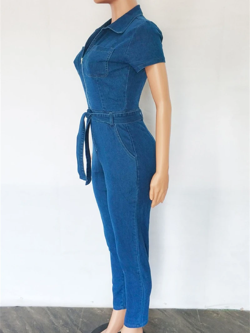 Cowboy Jeans Jumpsuits for Women Spring Summer Clothes Short Sleeve Zipper Up Bodycon Long Romper Casual Denim Jumpsuit Overalls