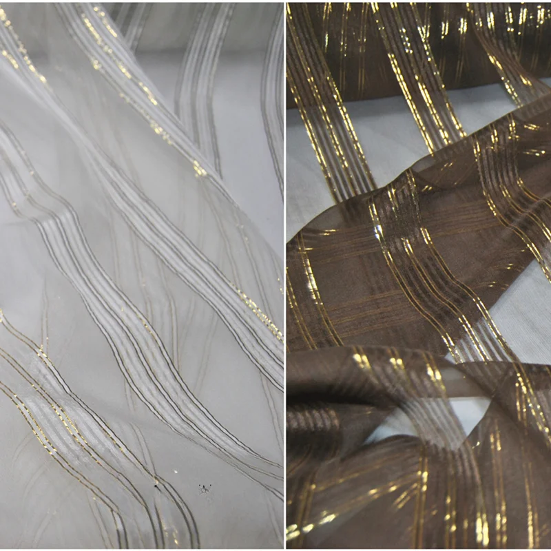 

Gold Thread Light and Transparent Silk Satin Silk Mulberry Silk Fabric Clothing Hanfu Striped Fabric for Sewing by the Meter