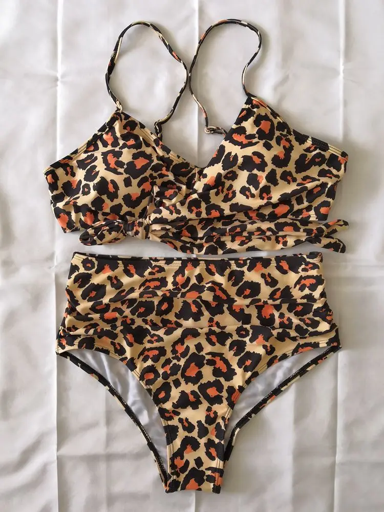 Women Leopard Print Bikini Set High Waisted Sexy Cross Front With Adjustable Should Straps Elastic Swimsuits Plus Size S-XXL