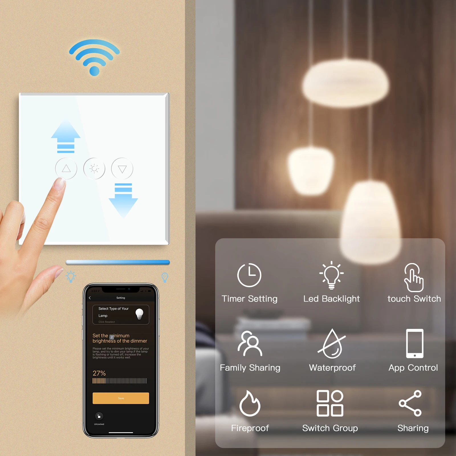 Wifi Dimmer Switches APP Control Led Smart Dimmer Series White Glass Panel Support Tuya Google Smart Life Dimmable LED