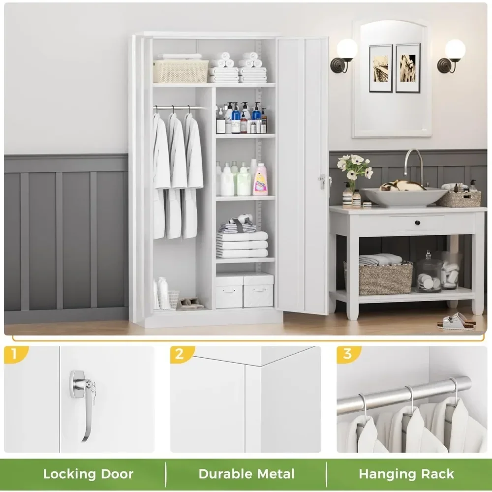 Wardrobe Closet, 72" Armoire Wardrobe Cabinet-Functional Clothes Storage with Hanging Rail, White Storage Cabinet, Metal Cabinet 4