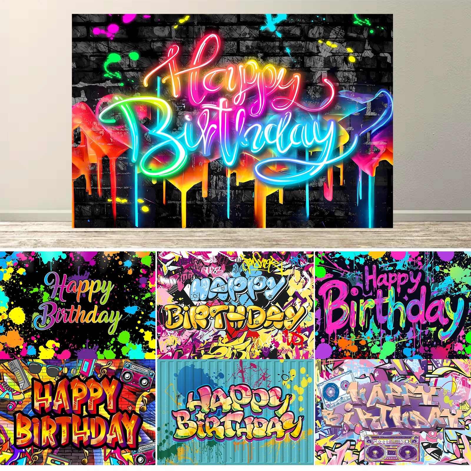 Hip Hop Birthday Backdrop 10x8 Ft - 80s 90s Graffiti Wall Photo Background