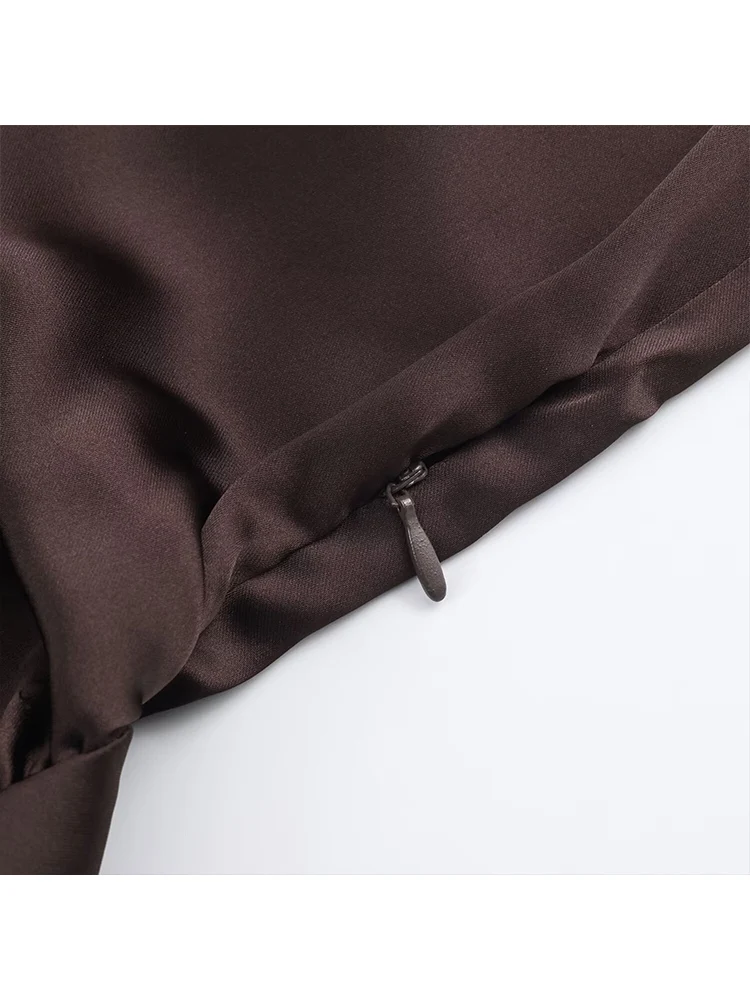 Elegant Women's Scarf Collar Party Dress Fashion High Street Long Sleeve Mini Dress New Satin Solid Color Chic Ladies Dress