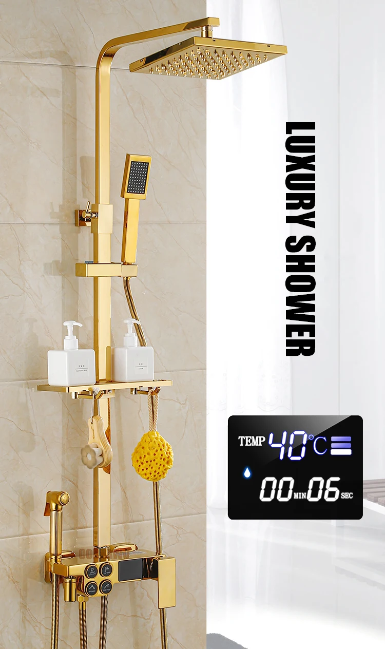 Description Picture 2 of itemLuxury Gold Rain Shower Set Bathroom Hot Cold Thermostatic Mixer Shower System Bathtub Wall Mount SPA Rainfall Large Head Faucet