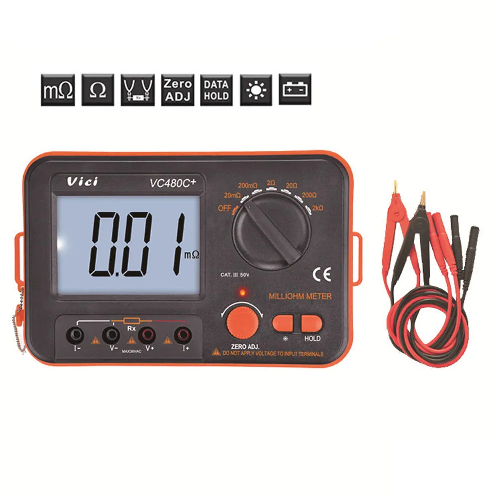 Digital Milli-ohm Meter VC480C+ LCD Backlit 4 Wire Low Resistance Multimeter 6 Range Accuracy Meter 0.01mΩ-2kΩ With Test Clip