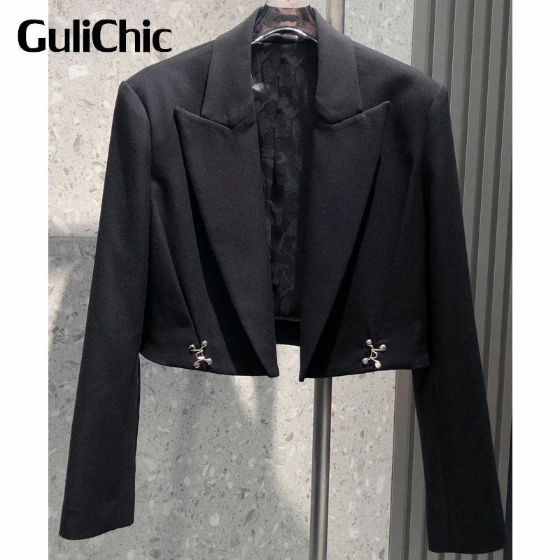 

9.18 GuliChic Women Elegant Temperament Notched Collar Solid Color Short Blazer