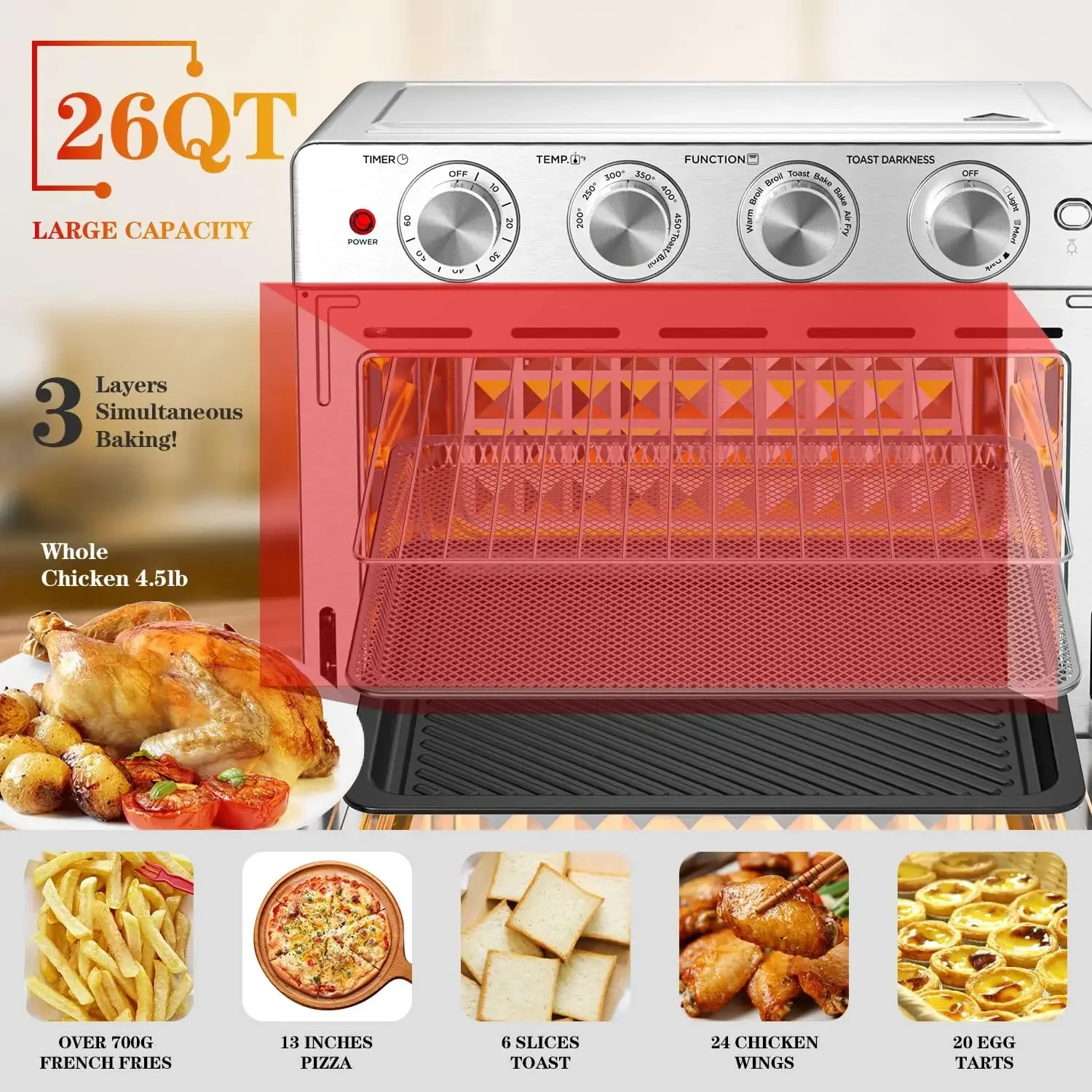 Chef Air Fryer Oven 26 QT, Big Air Fryer, Toast Oven with Bake, Roast, Pizza, Convection Oven, Easy to Use & Clean, 6 Slice 4