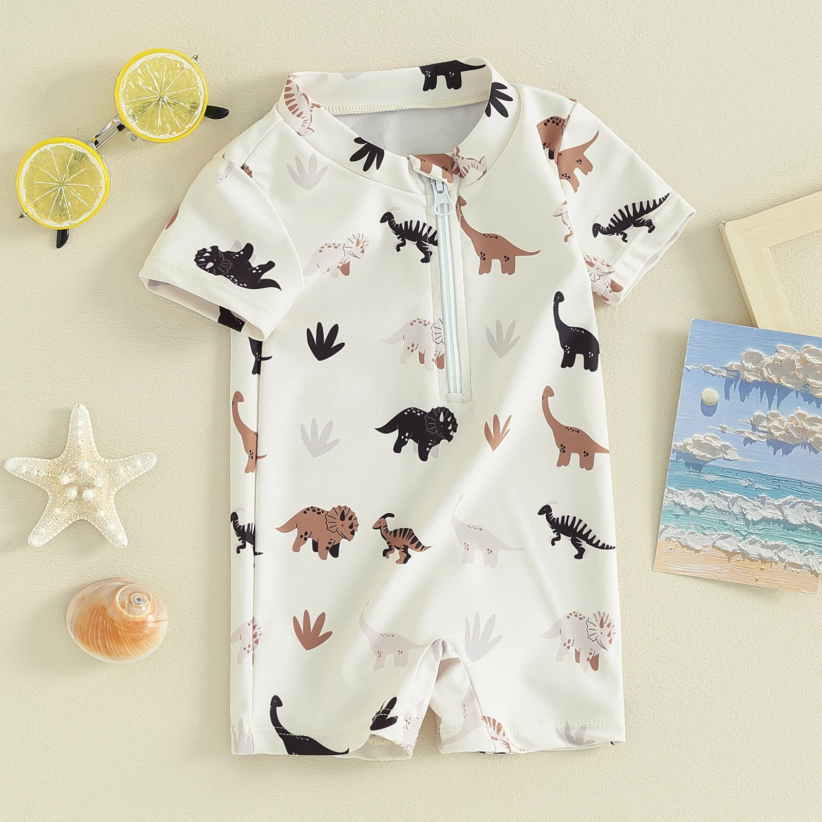 Kids Boys Summer Swimsuit Casual Tree/Dinosaur Print Zipper Short Sleeve Jumpsuit Swimwear Beachwear Bathing Suit 0-3T