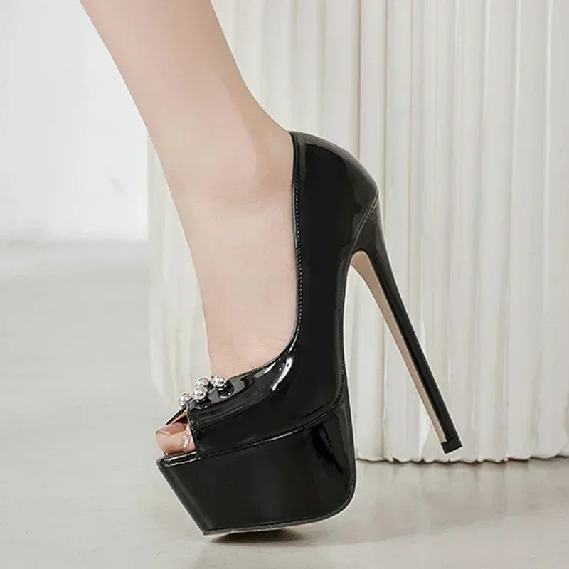 Sexy Patent Leather String Bead Design Peep Toe Women Pumps Stiletto High Heels Elegant Banquet Shoes for Women Tacones De Mujer 3 Sexy Patent Leather String Bead Design Peep Toe Women Pumps Stiletto High Heels Elegant Banquet Shoes for Women Tacones De Mujer - Image 3