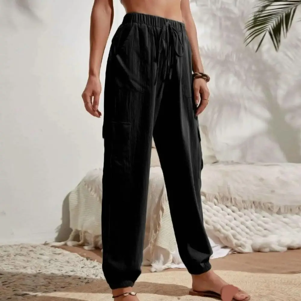 Casual Trousers Retro Solid Color Women's Trousers with Multi Pockets High Elastic Waist for Casual Comfort Breathable Style women cotton linen pants loose elastic waist harem comfort pants vintage solid casual pockets wide leg trousers cropped pants