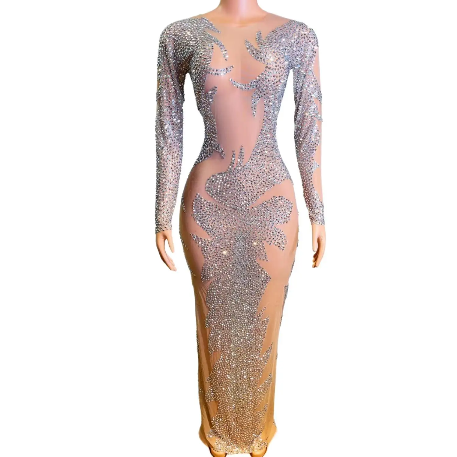 

Sparkly Crystals Evening Prom Party Birthday Long Dress for Women Sexy Mesh Transparent Photo Shoot Wear Stage Costume Huasheng