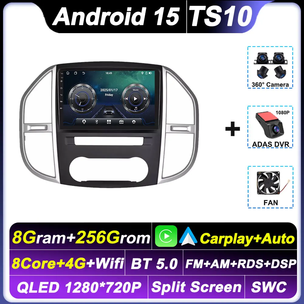 AWESAFE Autoradio für Mercedes Vito W447 2014-2020, Android 12 System, 2G 32G, 10 Zoll Touchscreen, mit Blende, Navigation CarPlay Android Auto Bluetooth WiFi Unterstützung
