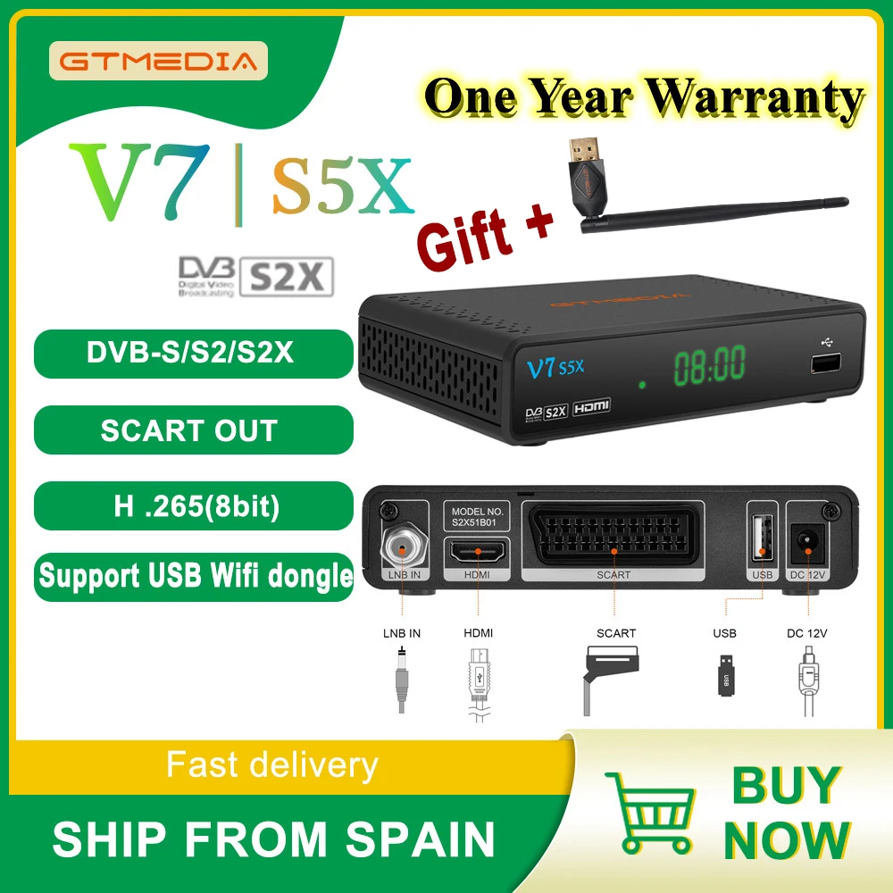 

GTMEDIA V7 S5X 1080P HD Satellite Receiver Support DVB-S/S2/S2X, H.265(8bit), AVS+,CCM,ACM,VCM,Multi-stream/T2-MI With USB Wifi