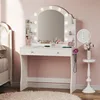 Makeup Vanity Desk with Mirror and Lights, Small Vanity with Fabric Storage Drawer & Chair & Shelves, Bedroom 1