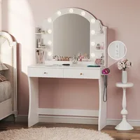 Makeup Vanity Desk with Mirror and Lights, Small Vanity with Fabric Storage Drawer & Chair & Shelves, Bedroom 1