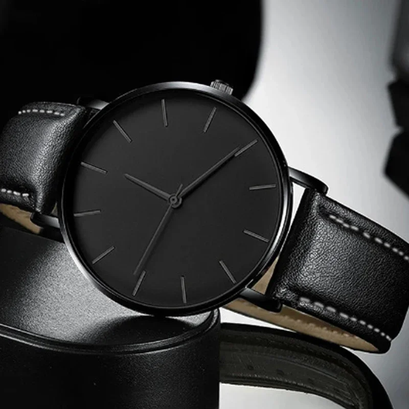 Luxury Men's Ultra Thin Analog Quartz Wristwatch with Leather Strap