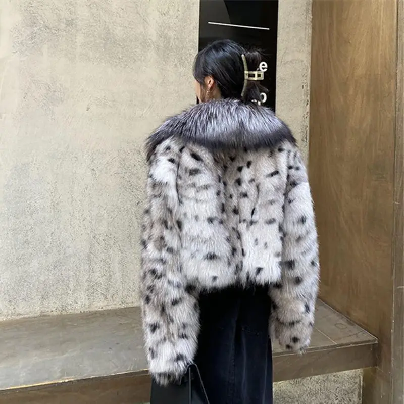 여성용 인조 실버 여우 모피 코트, 레오파드 패턴, 모조 밍크 모피 재킷, 큰 모피 칼라 파카, 가디건 플로킹 탑, 겨울