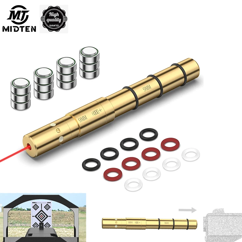 MidTen Laser Bore Sight 9MM 380ACP .38SPL .357MAG End Barrel Boresighter 4 Sets of Batteries Spare O-Rings Airsoft