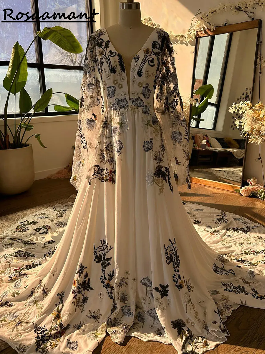

Elegant Deep V-Neck Long Sleeve A-line Wedding Dresses Backless Floral Embroidery Bridal Gowns Robe De Mariée