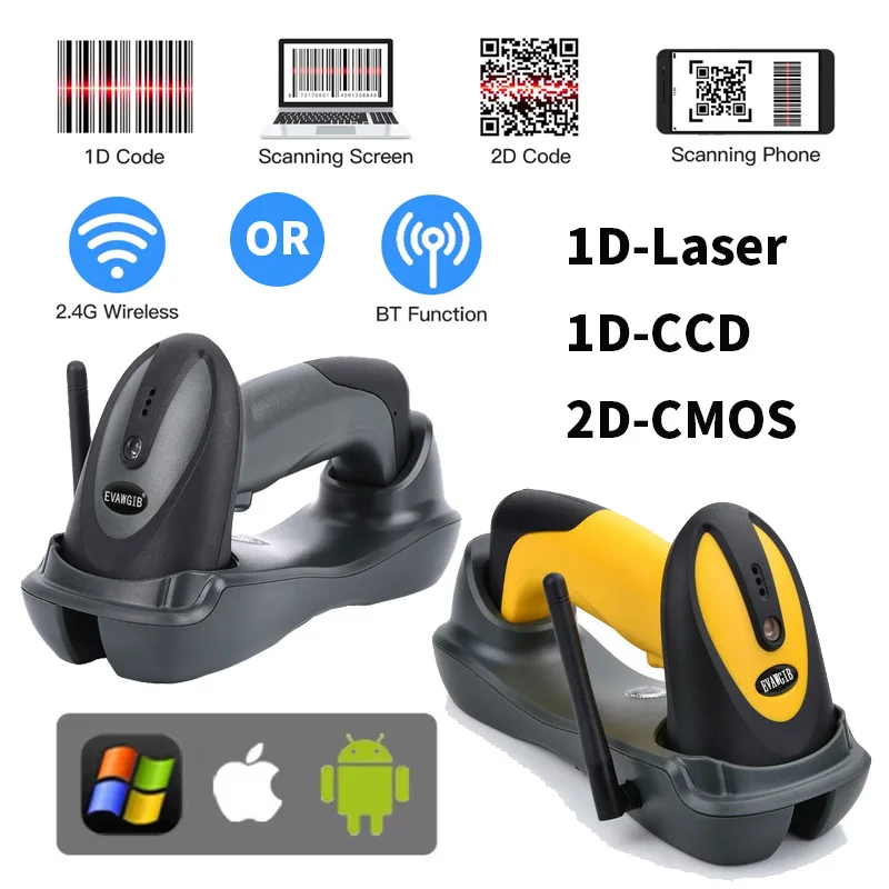 Evawgib-scanner de Código de Barras Portátil 3-em 1d 2d Leitor de Código de Barras qr Suporte bt 2.4g sem Fio Conexão com Fio Usb Supermercado