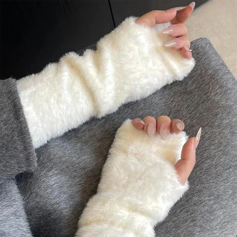 Autumn Winter Soft Mink Long Half Finger Gloves Women Plush Knitted Fingerless Gloves Wrist Mittens Driving Writting