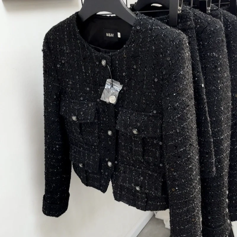 Small Fragrance Sequins Ruffle Tweed Jacket Coat Women French Style Woolen Short Coats Girl Korean Fashion Sweet Outwear Casacos