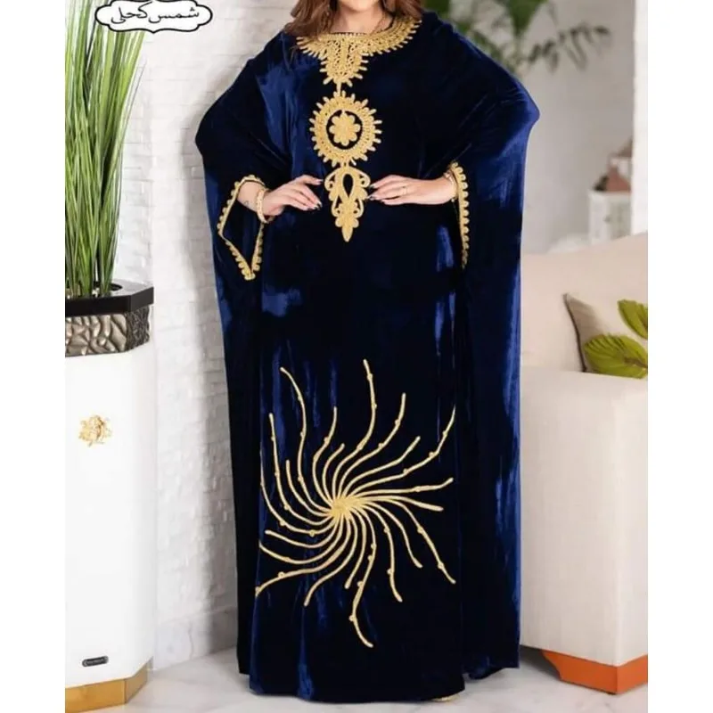 Navy Blue Dubai MoroccoKaftans Farasha Abaya The Dress Is Very Fancy Long Velvet Dress