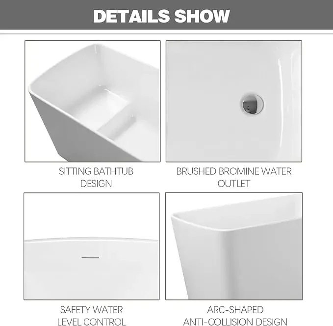 49"Acrylic Free Standing Tub, Soaking Tub with Seat Desgin,Modern Soaking Bathtub with  Certified,Brushed Nickel Overflow 6