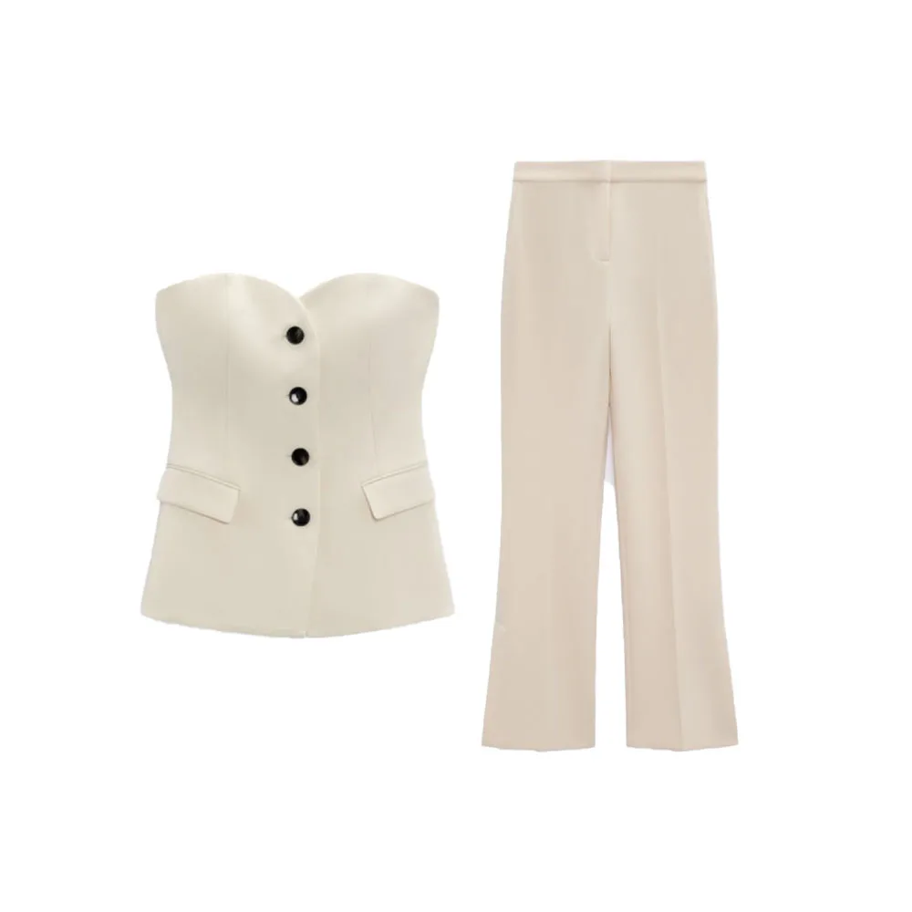

Zach AiIsa summer new fashion off-the-shoulder clamshell underwear vest + high-waist trousers slit casual straight-leg pants