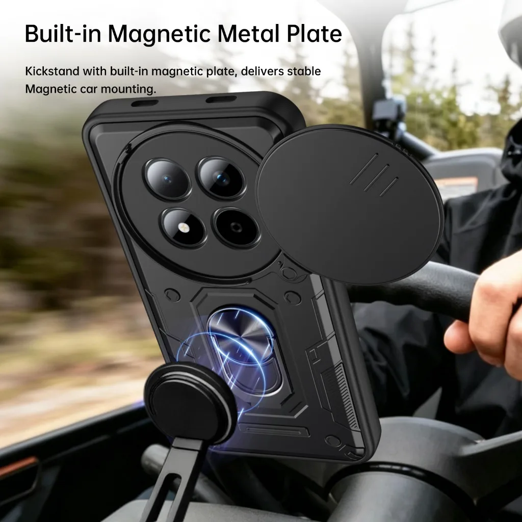 Rugged Shockproof Phone Case with Slide Camera Protection and 360° Rotating Ring Holder Kickstand