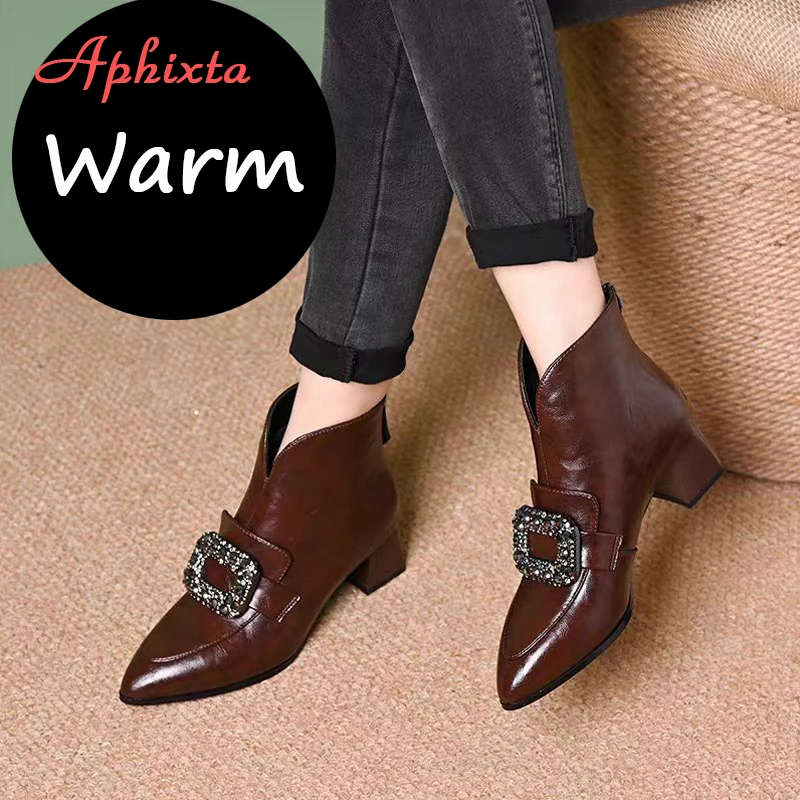Aphixta Square Heels Crystals Buckle Ankle Boots High Quality Woman Shoes Winter Back Zipper Modern Brown Black  Boot s